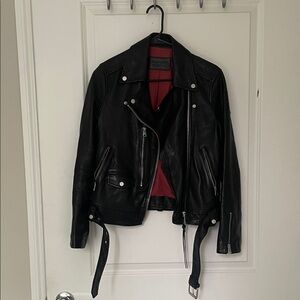 All Saints Black Leather Jacket with Red Lining
